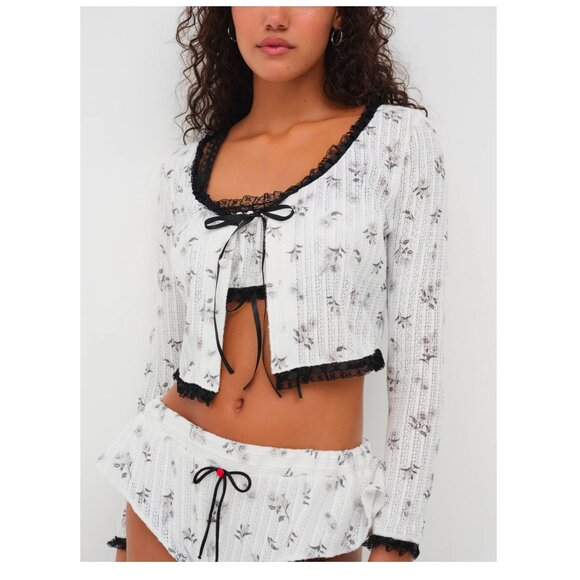 NWOT FOR LOVE AND LEMONS FAWN CROPPED WHITE CARDIGAN TOP W/ROSE PRINT SIZE S - Picture 1 of 5